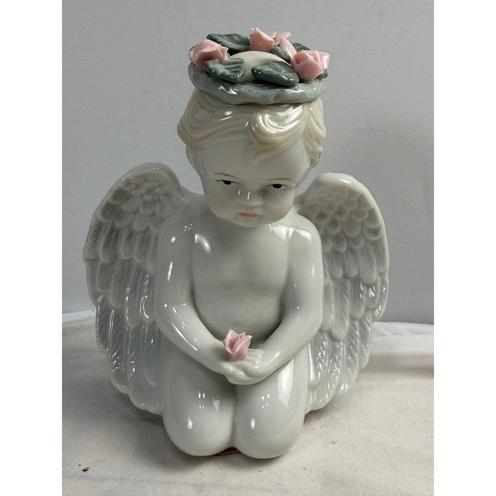 Vintage Porcelain Kneeling Cherub Angel Figurine Pink Roses White Glossy 5 Inch